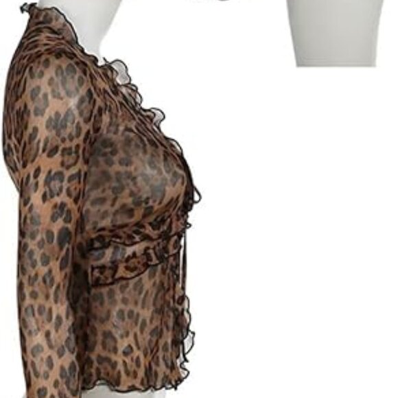 Sheer Mesh Top Leopard Cardigan Cheetah Y2K Ruffle Tie Front Blouse Large NWT - Picture 6 of 9
